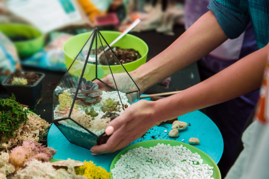 person doing DIY terrarium