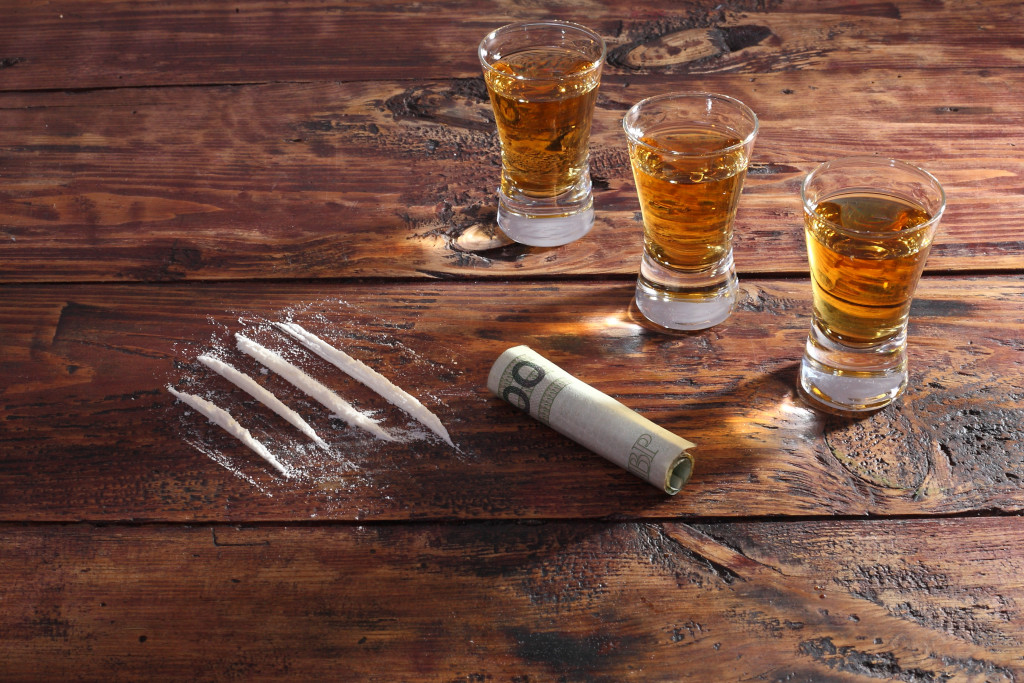 Drugs and alcohol on a table