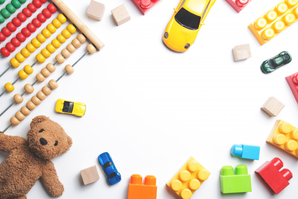 Various children's toys on a white background