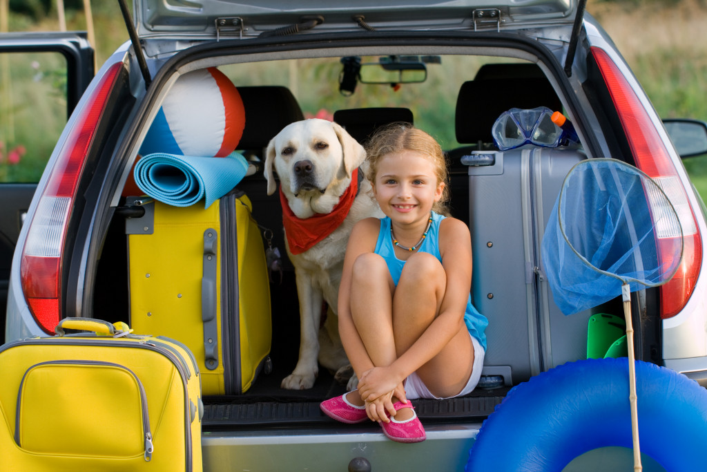 a girl with a white dog in the back of the car with suitcases